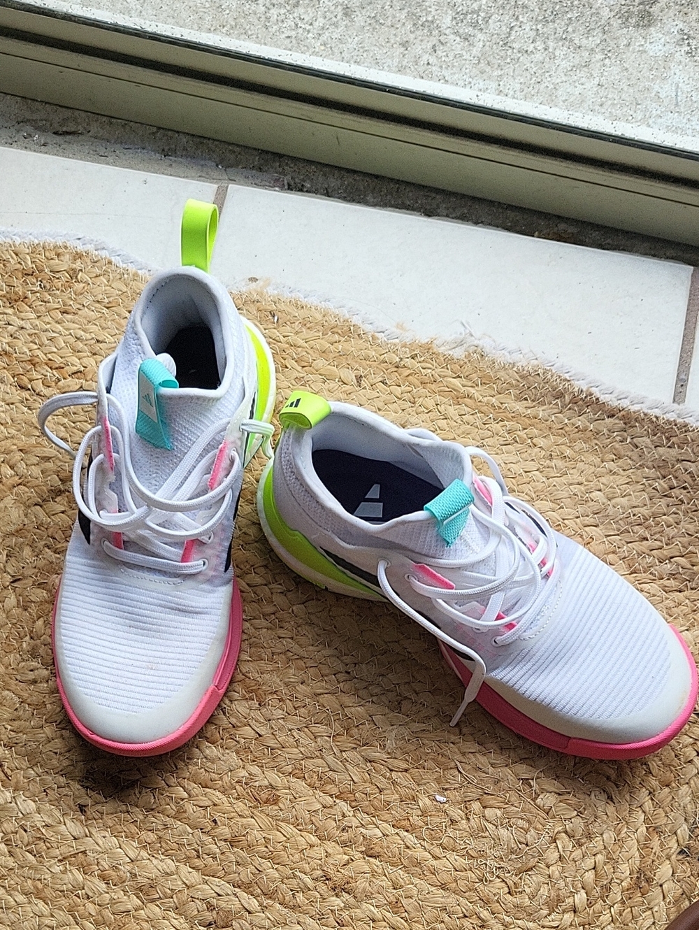 Womens  White,  Adidas  Athletic Sneakers with Pink & Neon Green Accents